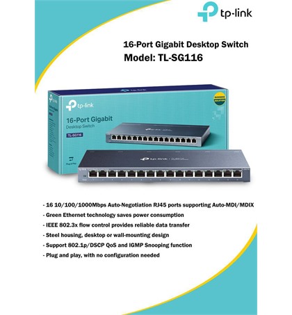 TP-LINK 16-Port Gigabit Desktop Switch Model: TL-SG116