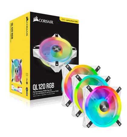 CORSAIR QL Series, WHITE QL120 RGB, 120mm RGB LED Fan, Triple Pack with Lighting Node CORE,